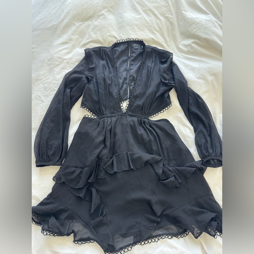 ASOS Black Long-Sleeve Cutout Ruffle Midi Dress